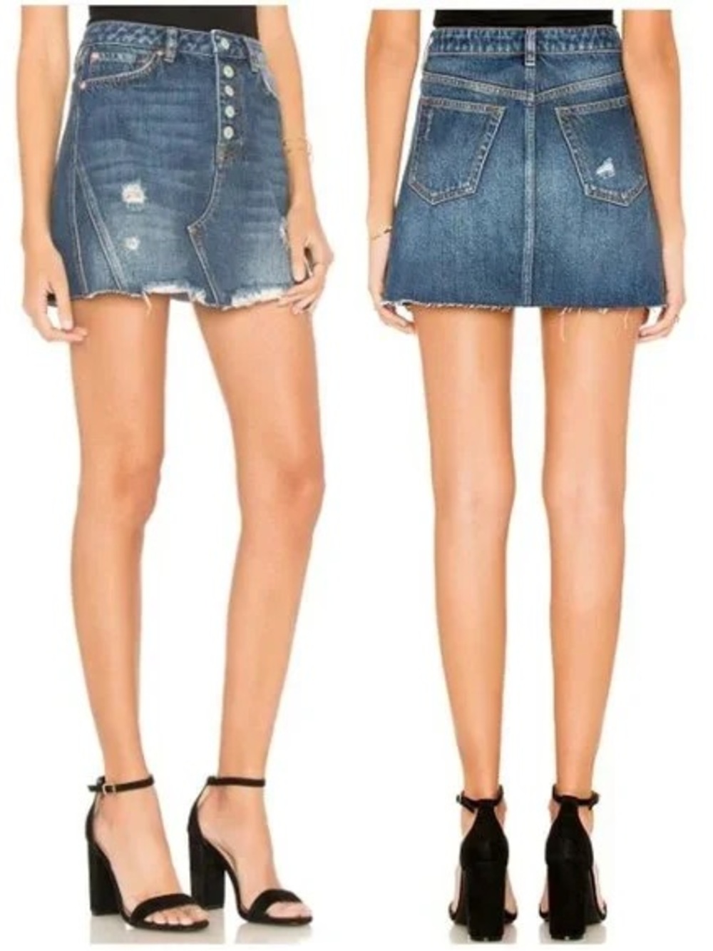 We The Free Distressed Denim Mini Skirt Size 25 Button Fly Raw Hem